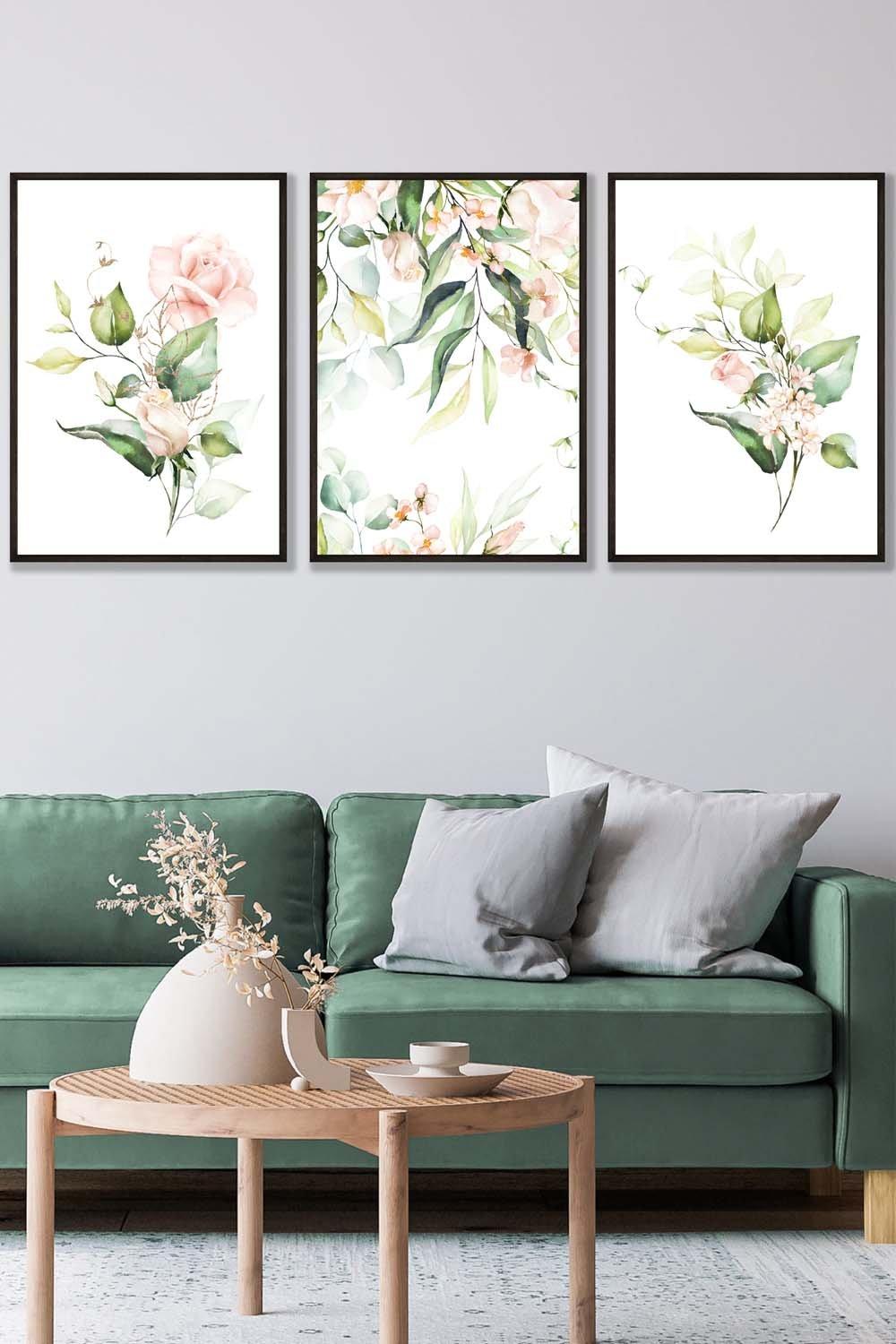 Set of 3 Black Framed Pink Watercolour Rose Bouquets Wall Art